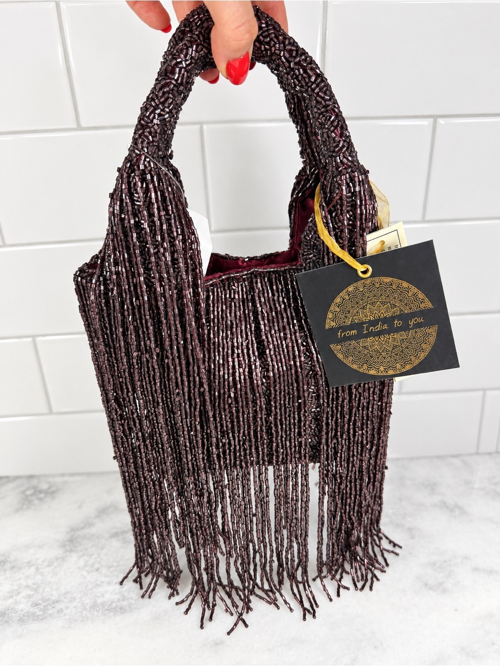 VIRAL Made In India Beaded Brown Burgundy Fringe Bag NWT
